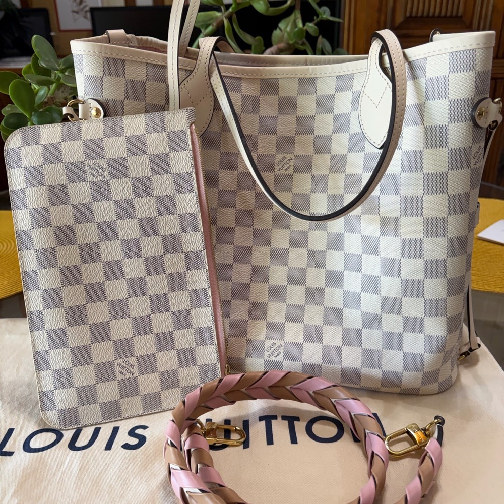 Louis Vuitton Damier Azur Neverfull Pink Braided Strap & Pouch limited edition